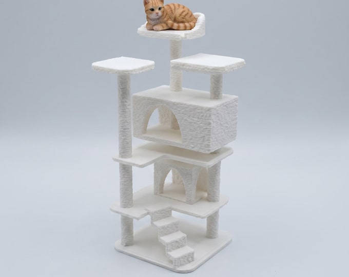 1:12 Scale Dollhouse Cat Tree – Fuzzy Textured, Unpainted Miniature Cat Tower