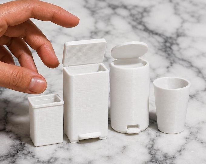 1:12 Scale Miniature Trash Cans | 3D Printed Dollhouse Waste Bins (4 Styles)