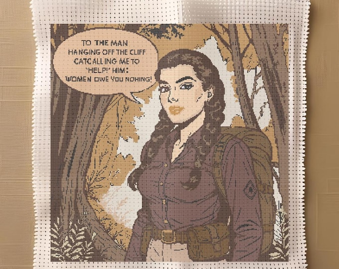 Women Owe You Nothing – 1940s Style Sepia Comic Feminist Cross Stitch Pattern | DIGITAL DOWNLOAD