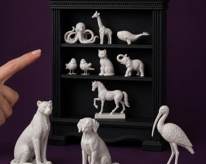 1:12 Scale Miniature Animal Sculptures – 3D Printed Dollhouse Shelf Décor (Choice/Bundle)