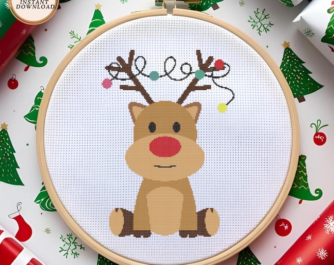 Adorable Reindeer with Christmas Lights Cross Stitch Pattern | Instant Download PDF