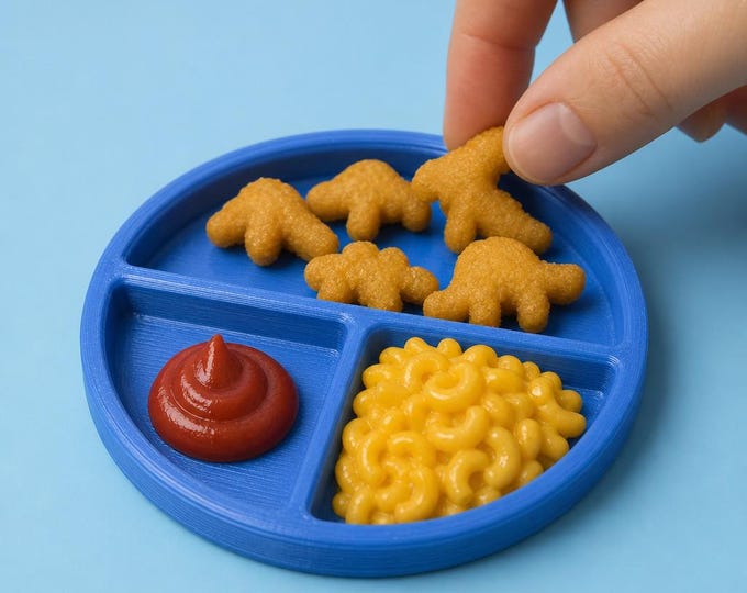1:12 Scale Toddler Meal – Miniature Dino Nuggets, Mac & Cheese, Ketchup (Unpainted)