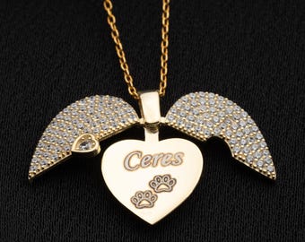 Personalized Sterling Silver Heart Necklace, Hidden Paw Print, Angel Wings Pet Memorial Gift