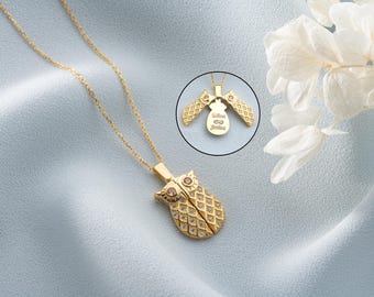 Personalized Owl Locket Necklace, Gold Engraved Name Keepsake Gift Jewelry, Hidden Message Pendant