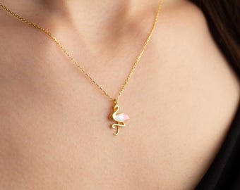 Sterling Silver Flamingo Pendant Necklace, Pink & White Enamel Charm, Summer Beach Jewelry Gift