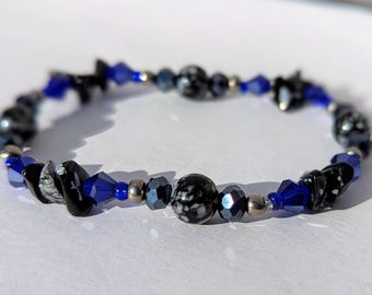 Bracciale con pietre preziose blu notte e perline di vetro, braccialetto elastico fatto a mano, 7,5 pollici