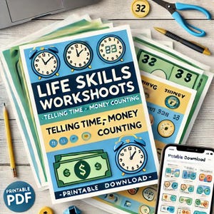 Schede didattiche sulle abilità di vita / Esercizi di conteggio del tempo e del denaro / PDF stampabili / Attività sulle abilità di vita per l'istruzione parentale / Educazione speciale