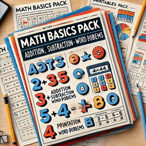 May include: A colorful printable pack for teaching basic math skills. The pack includes addition, subtraction, and word problems. The image features large, colorful numbers and a calculator.
