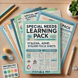 Puede incluir: Un paquete de PDF imprimible azul y verde para el aprendizaje de necesidades especiales. El paquete incluye hojas de enfoque para dislexia, TDAH y disgrafía. La portada presenta una ilustración colorida de una niña con una rueda de colores arcoíris.