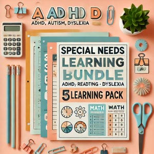 Puede incluir: Un conjunto de cinco paquetes de aprendizaje diseñados para estudiantes con necesidades especiales. Los paquetes están etiquetados como "TDAH, Lectura, Dislexia" e incluyen actividades de matemáticas, lectura y escritura. Los paquetes están diseñados para ayudar a los estudiantes con TDAH, autismo y dislexia a aprender y tener éxito.