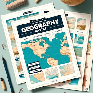 Hojas de trabajo de geografía básica / Mapas, continentes y océanos / PDF imprimible para educación en casa / Paquete de habilidades de geografía temprana / Descarga instantánea