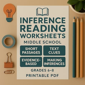 Könnte beinhalten: Ein beigefarbenes Arbeitsblatt mit dem Titel "Inference Reading Worksheets" für Schüler der Mittelstufe. Das Arbeitsblatt enthält Abschnitte zu kurzen Texten, Textbausteinen, evidenzbasiertem Lernen und dem Ziehen von Schlussfolgerungen. Buntstifte und Schreibwaren sind um das Arbeitsblatt herum angeordnet.