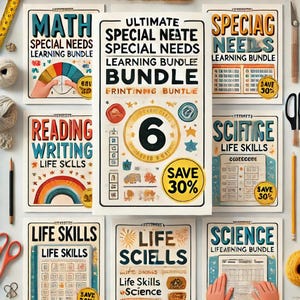 Puede incluir: Un conjunto de seis paquetes de aprendizaje imprimibles coloridos para estudiantes con necesidades especiales. Los paquetes incluyen materias como matemáticas, lectura, escritura, ciencias y habilidades para la vida. Cada paquete presenta una portada ilustrada y brillante con un descuento del 30%.
