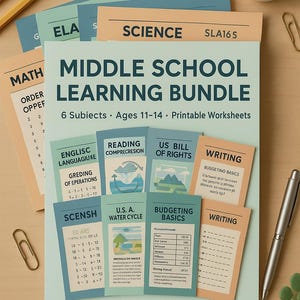 May include: A colourful printable learning bundle for middle school students. The bundle includes six subjects: English Language, Reading Comprehension, US Bill of Rights, Writing, Maths, and Science. The bundle is designed for ages 11-14 and includes printable worksheets.