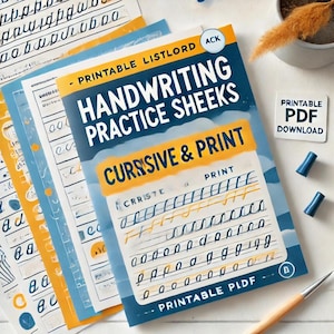May include: A blue and yellow printable handwriting practice sheet with the text "Handwriting Practice Sheeks Cursive & Print" and "Printable PDF".