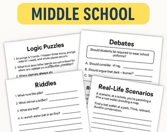 Peut inclure: Quatre pages imprimables pour des défis de pensée critique au collège. Les pages comprennent des énigmes logiques, des devinettes, des débats et des scénarios de la vie réelle. Le titre "Critical Thinking Challenges" est en bleu marine, avec "Middle School" en jaune.