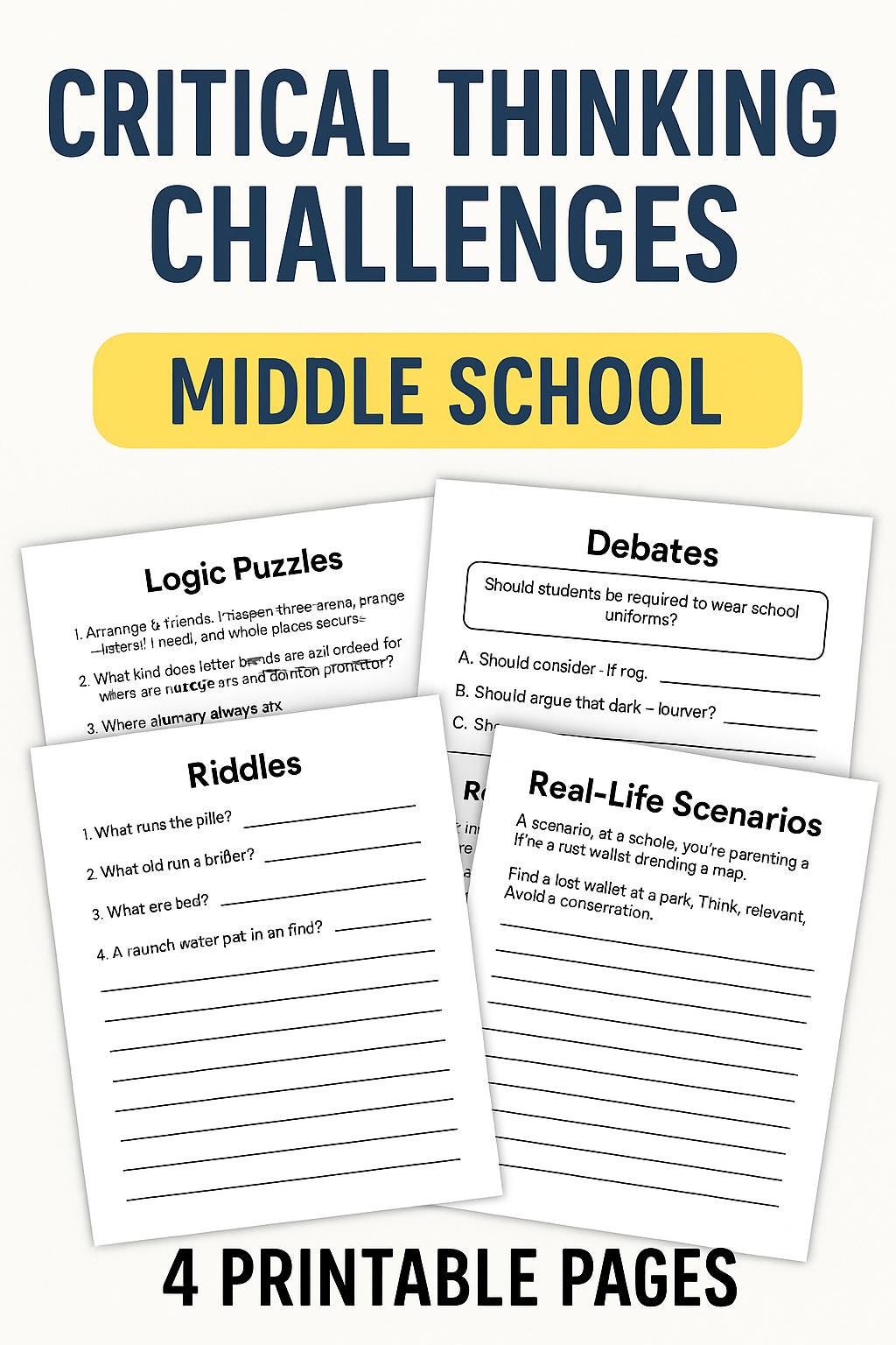 Critical Thinking Worksheets for Middle School Logic, Riddles, Debates & Real-Life Scenarios 4 Printable Pages