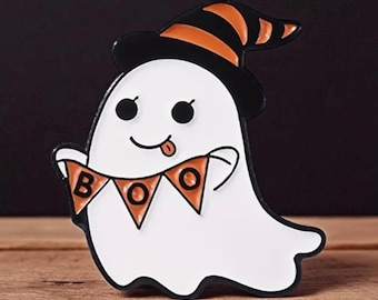 Cute Halloween Enamel Pin - "BOO" - Ghost Holding a Bunting Wearing a Witch Hat- Choose Your Spooky Backing Card -