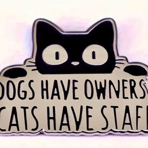 May include: A black cat with white eyes peeks over a silver sign that reads "Dogs have owners, cats have staff".