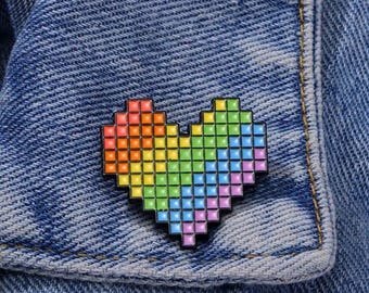 Pride Enamel Pin~ Proud Badge ~ LGBTQ+ ~ Pixel Heart Gender Identity or Support as an ALLY and Celebrate Love, Inclusivity and Diversity