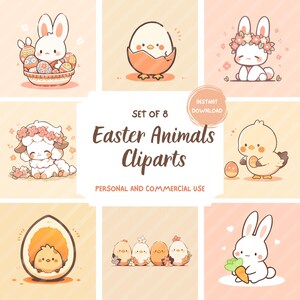 Clipart di Pasqua kawaii / Coniglietto carino, pulcino, agnello / Download immediato di PNG digitali / Grafica pasquale pastello, sublimazione, biglietti, adesivi, stampe