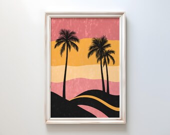 70s Retro Palm Tree Sunset Print: Boho Coastal Wall Art