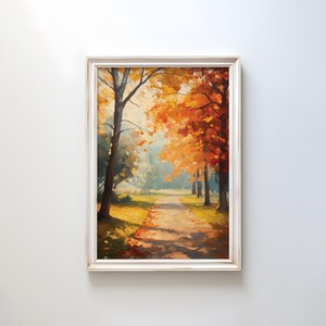 Herbst Park Ölgemälde Druck: Von Bäumen gesäumter Pfad, saisonale Wandkunst
