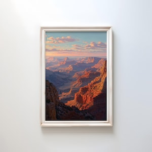 May include: A framed landscape painting of the Grand Canyon. The artwork depicts the canyon's layered rock formations in shades of red and orange, illuminated by the setting sun. The sky is a blend of blue, pink, and orange, with fluffy clouds.