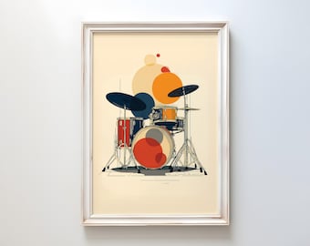 Póster de batería de estilo moderno de mediados de siglo: Arte musical en azul marino, beige y naranja.