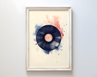 Floating Vinyl Record Watercolor Print: Minimalist Music Art