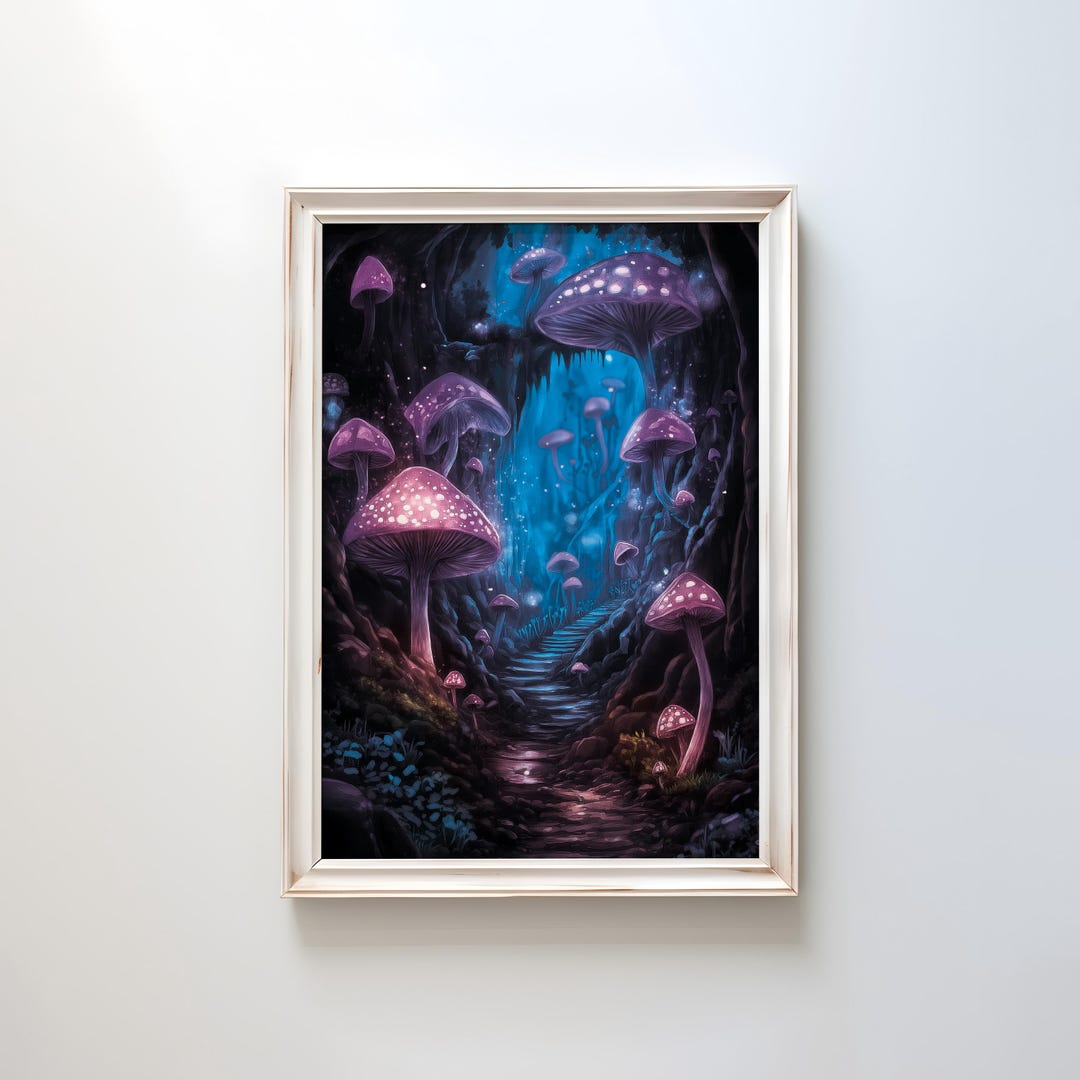 Glowing Mushroom Cave Print | Fantasy Watercolor Wall Art ...