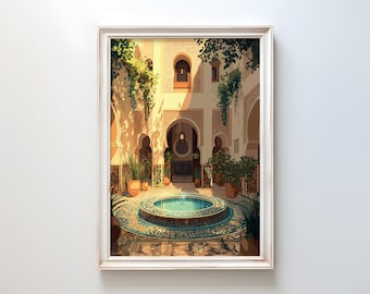 May include: Framed art print depicting a courtyard with a central fountain. The artwork shows arched doorways, potted plants, and hanging greenery. The color palette includes warm beige, turquoise, and green, creating a tranquil atmosphere.