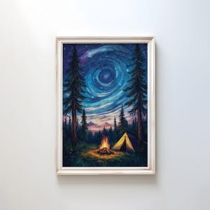 Gemütlicher Camping Nachtdruck | Aquarell Sternenhimmel Kunst | Rustikaler Zelt- & Lagerfeuerdruck | Friedliche Natur Dekor | Poster Abenteuer Landschaft
