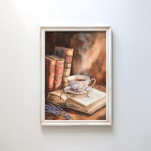 Antike Bücher und Teetasse Aquarell Druck | Vintage Buch-Liebhaber-Wand-Kunst | Gemütliche Leseecke Dekor | Warmes literarisches Poster | Sanfte Erdtöne