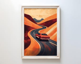Retro Muskelauto Print: Psychedelische 70s Road Trip Kunst