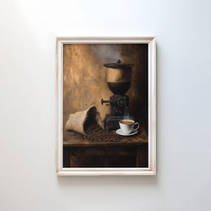 Vintage Coffeehouse Still Life | Rustic Coffee Grinder & Espresso Print | Warm Sepia Coffee Art | Classic Café Wall Decor | Kitchen Poster