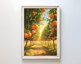 May include: A framed painting depicts an orange grove with rows of trees laden with ripe oranges. The trees line a dirt path leading towards the sunlit horizon. The artwork features vibrant greens, oranges, and yellows, creating a warm, inviting scene.