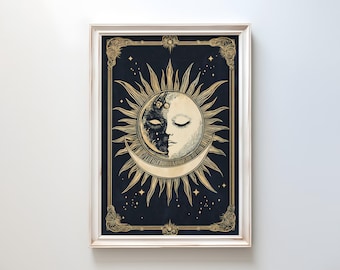 Lámina del Tarot del Sol y la Luna: Arte mural de astrología celestial vintage