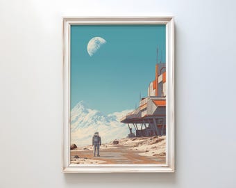 Retro Sci-Fi Moon Base Art Print: 1970s Futuristic Space Poster