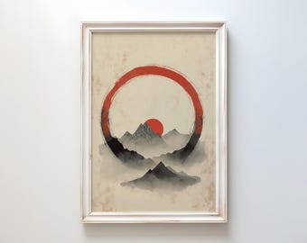 Japanese Enso Circle Art Print: Zen Mountain, Rising Sun