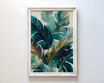 Lámina artística de hojas tropicales: Decoración de pared botánica abstracta moderna