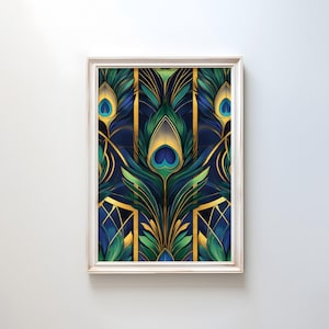 Art Deco Peacock Feather Print: Jewel-Tone Geometric Poster