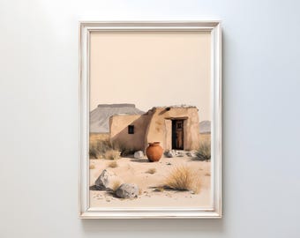 Adobe House Watercolor Art Print: Minimalist Desert Wall Decor