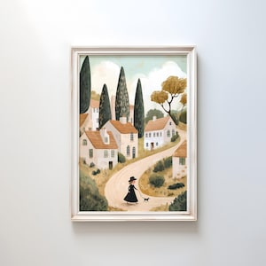 Summer Countryside Folk Art | Rustic Village Wall Art | Warm English Cottage Scene | Country Path Poster | Vintage Farmhouse Decor