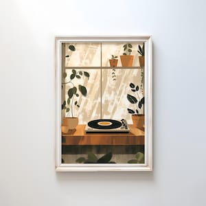 Könnte beinhalten: Ein gerahmter Kunstdruck mit einem Plattenspieler auf einer Holzoberfläche vor einem Fenster. Topfpflanzen sind auf einem Regal und dem Tisch angeordnet. Das Kunstwerk hat eine warme Farbpalette mit Brauntönen, Beige und Grün.