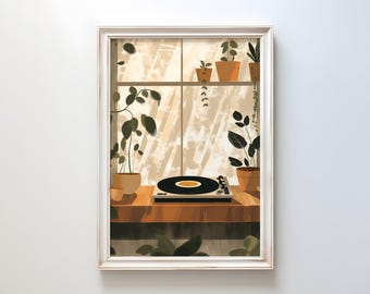 Puede incluir: Una impresión artística enmarcada que presenta un tocadiscos sobre una superficie de madera frente a una ventana. Las plantas en macetas están dispuestas en un estante y en la mesa. La obra de arte tiene una paleta de colores cálidos con tonos marrones, beige y verdes.