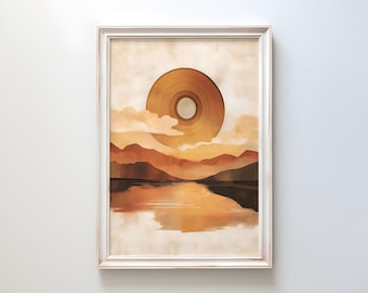 May include: Framed art print featuring a vinyl record design over a landscape. The artwork depicts a golden record in the sky, with mountains and a lake below, all in warm, earthy tones. The print is encased in a white frame.