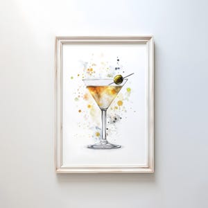 Martini Cocktail Watercolor Print | Modern Bar Wall Art | Green Olive Drink Poster | Elegant Mixology Decor | Classic Martini Illustration