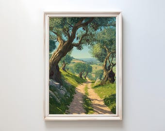 Impressão artística de um olival: paisagem mediterrânea tranquila, decoração rústica.