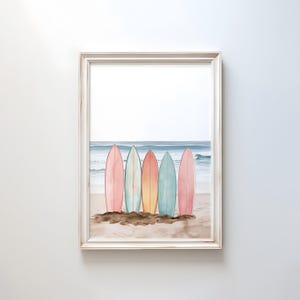 Surfbretter Pastell Aquarell Druck | Minimalist Strand Wandbild | Sommer Küsten Dekor | Surfbretter Poster | Soft Ocean Töne Art